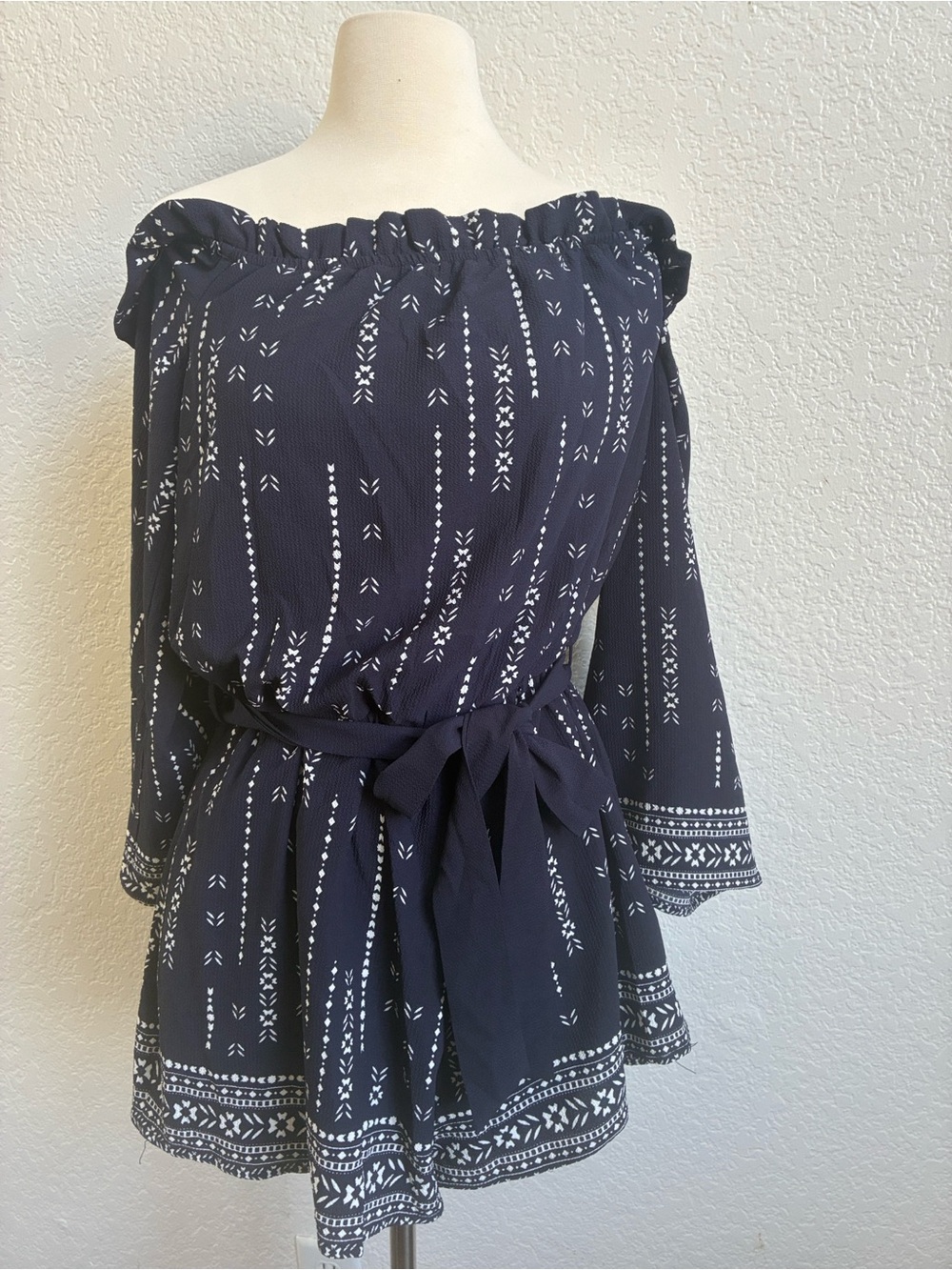 Windsor Navy & White Off-Shoulder Printed Romper with Tie Waist